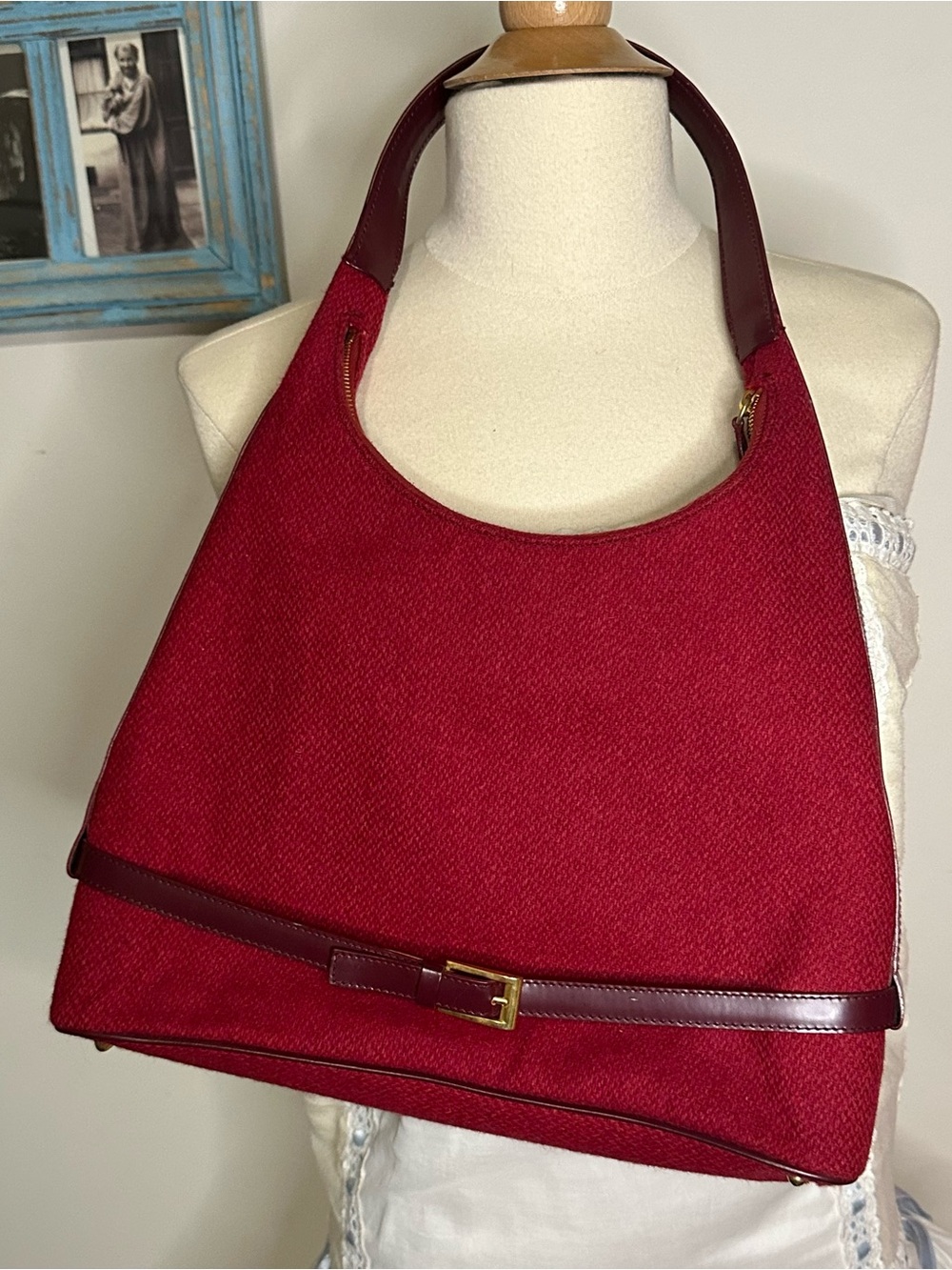 Saks Fifth Avenue Vintage Red Burgundy Shoulder Bag with Leather Trim